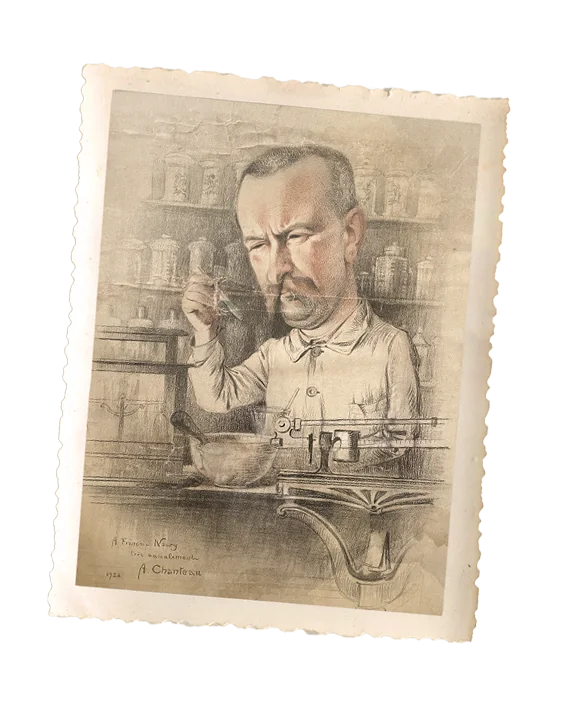 Portrait dessiné de François Noury, apothicaire, par A. Charteau, 1924