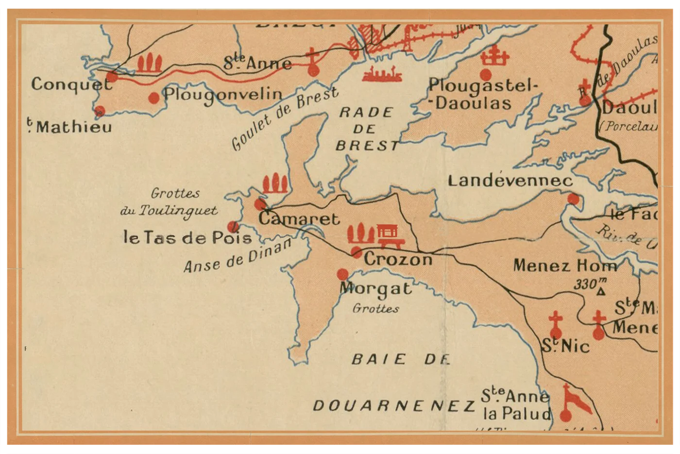 Carte ancienne touristique de la presqu'île de Crozon avec son pictogramme rouge